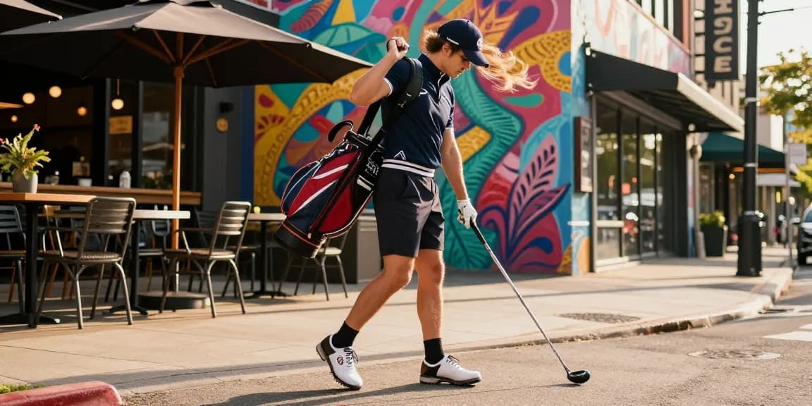 Golf fashion replica showcased in an urban setting with a stylish individual ready for action.