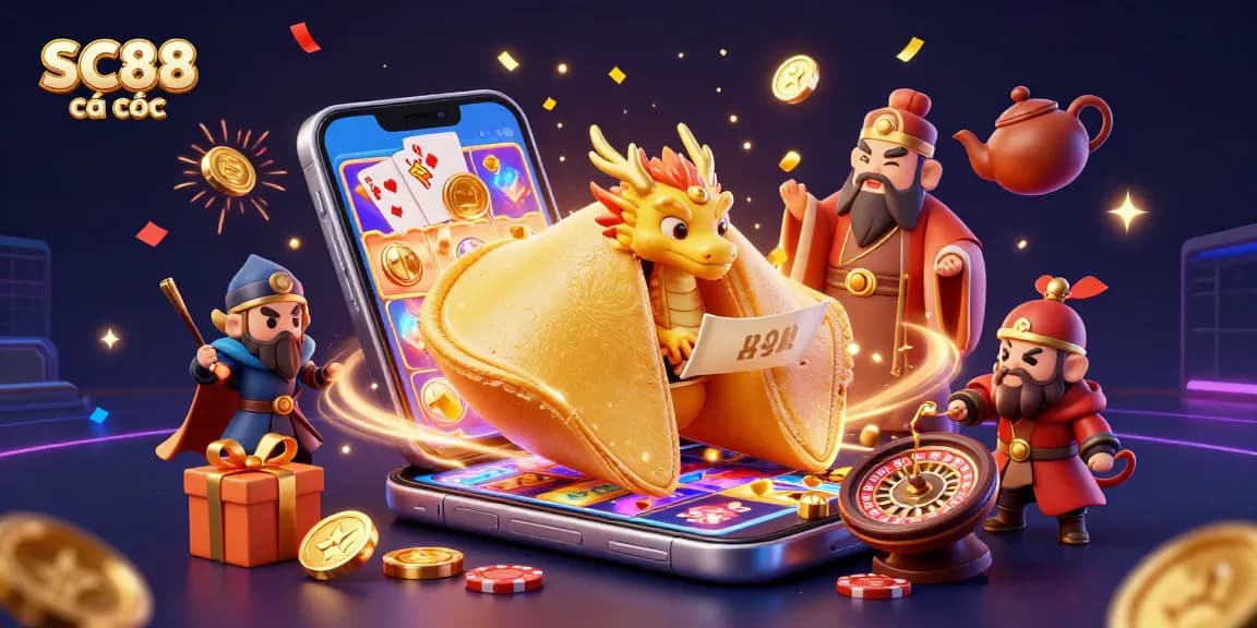 Experience SC88 cá cược with an engaging 3D illustration of a golden fortune cookie and gaming elements.
