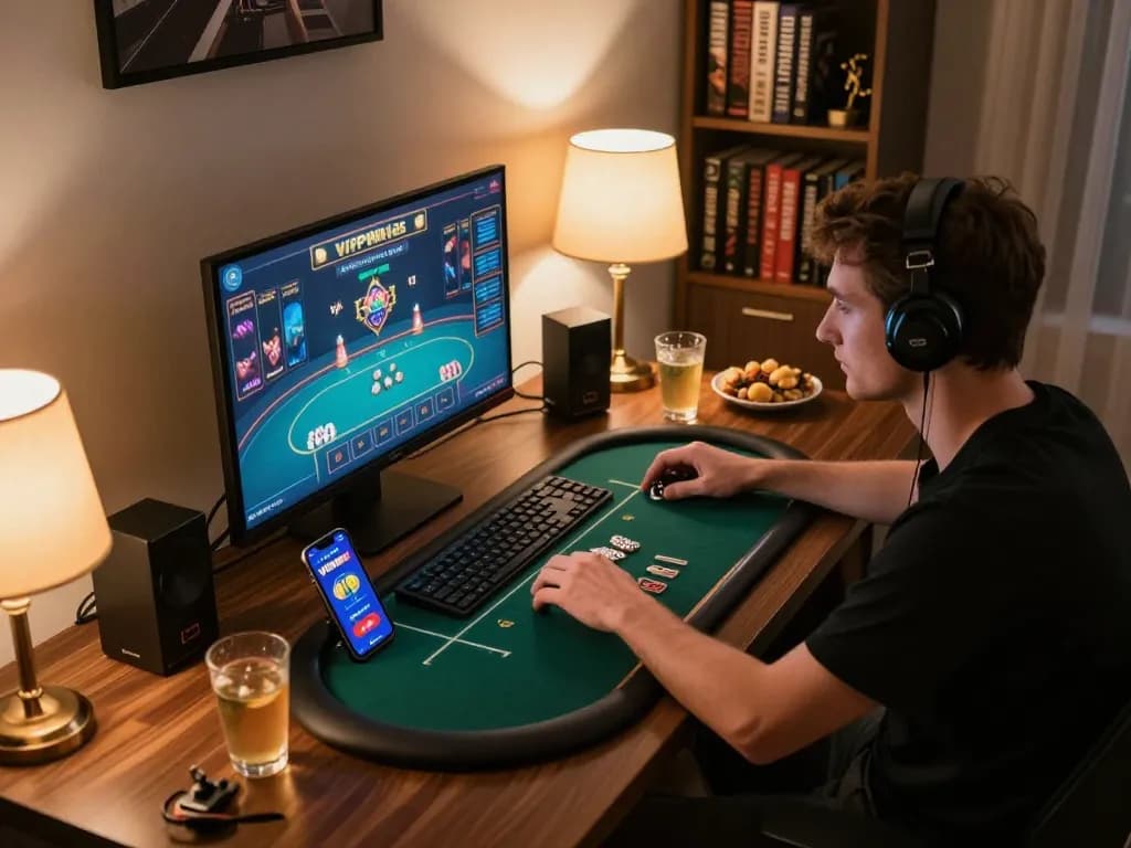 Engaged player navigating vip99win online casino poker environment with winning strategy