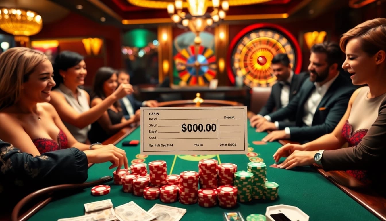 Players excitedly prepare to deposit 1000 at a luxurious casino poker table filled with chips.