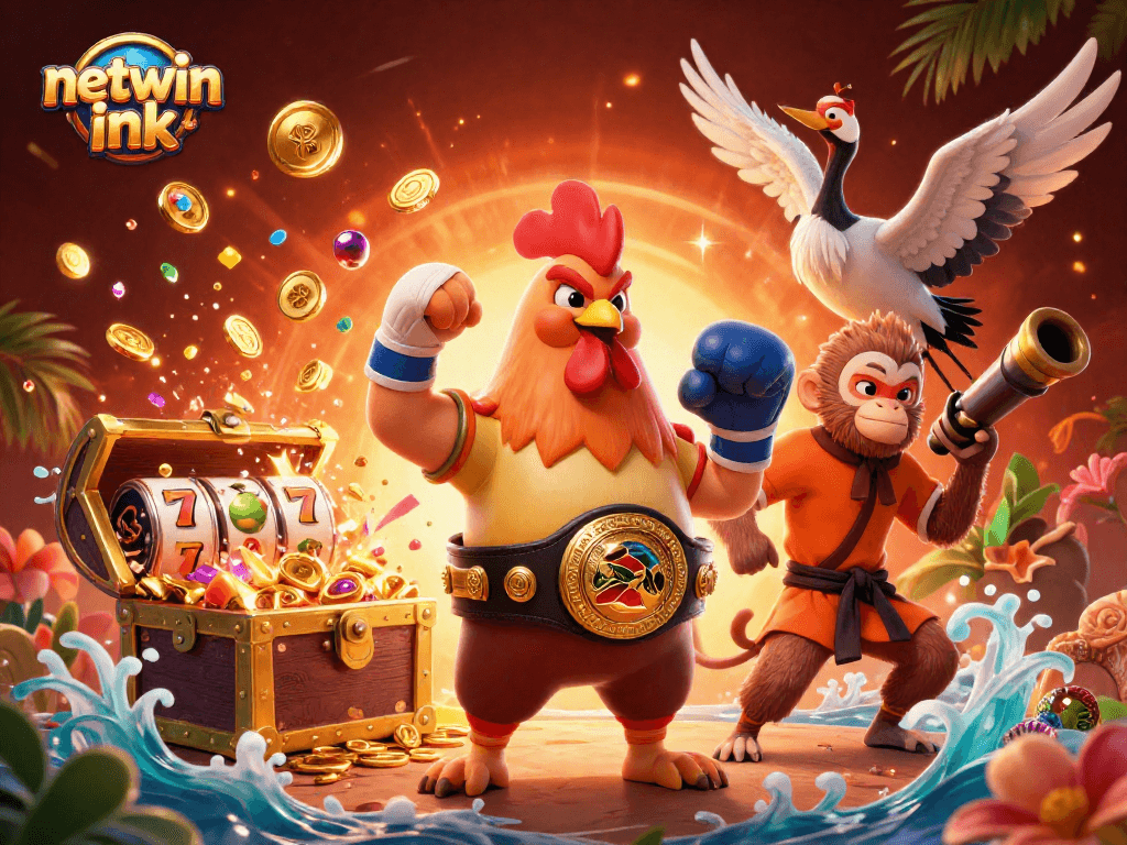 Engage in thrilling casino fun with netwin ink as characters celebrate around vibrant slot machines.