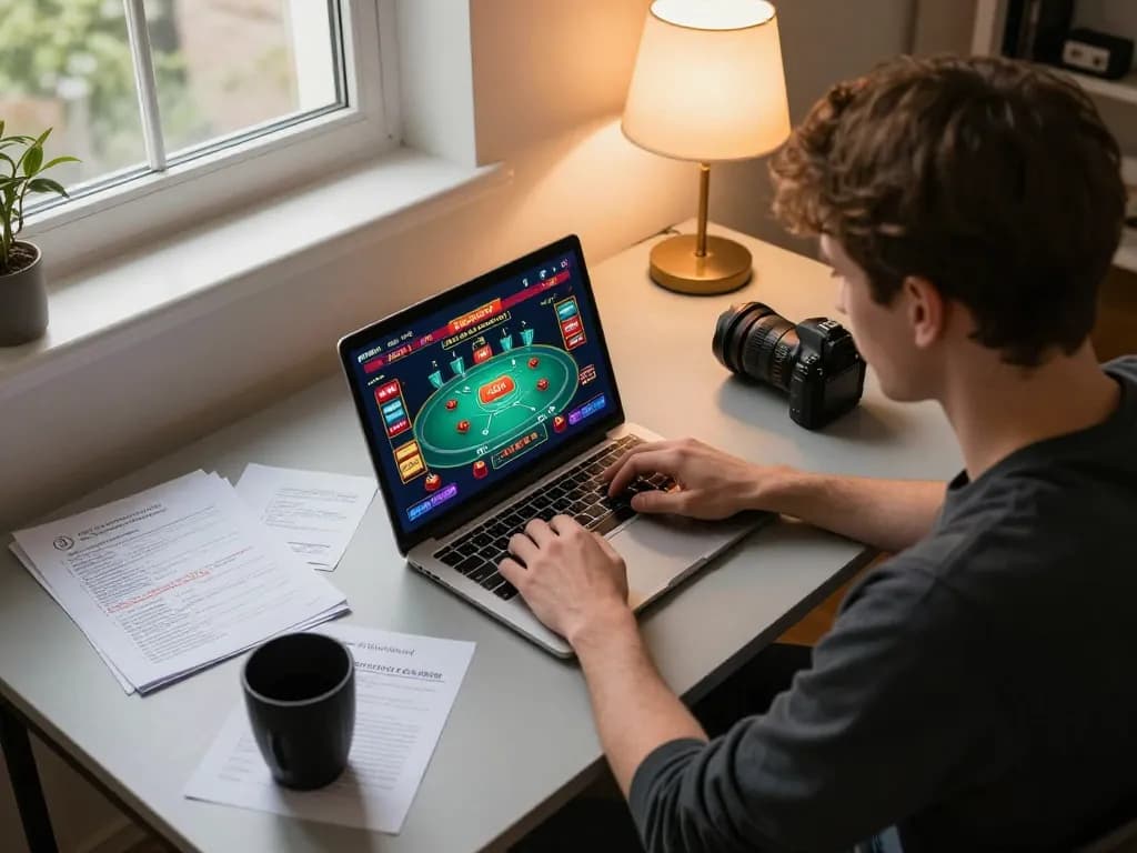 Player engaging in online poker gaming on a laptop, showcasing rik strategies and bankroll management tips.
