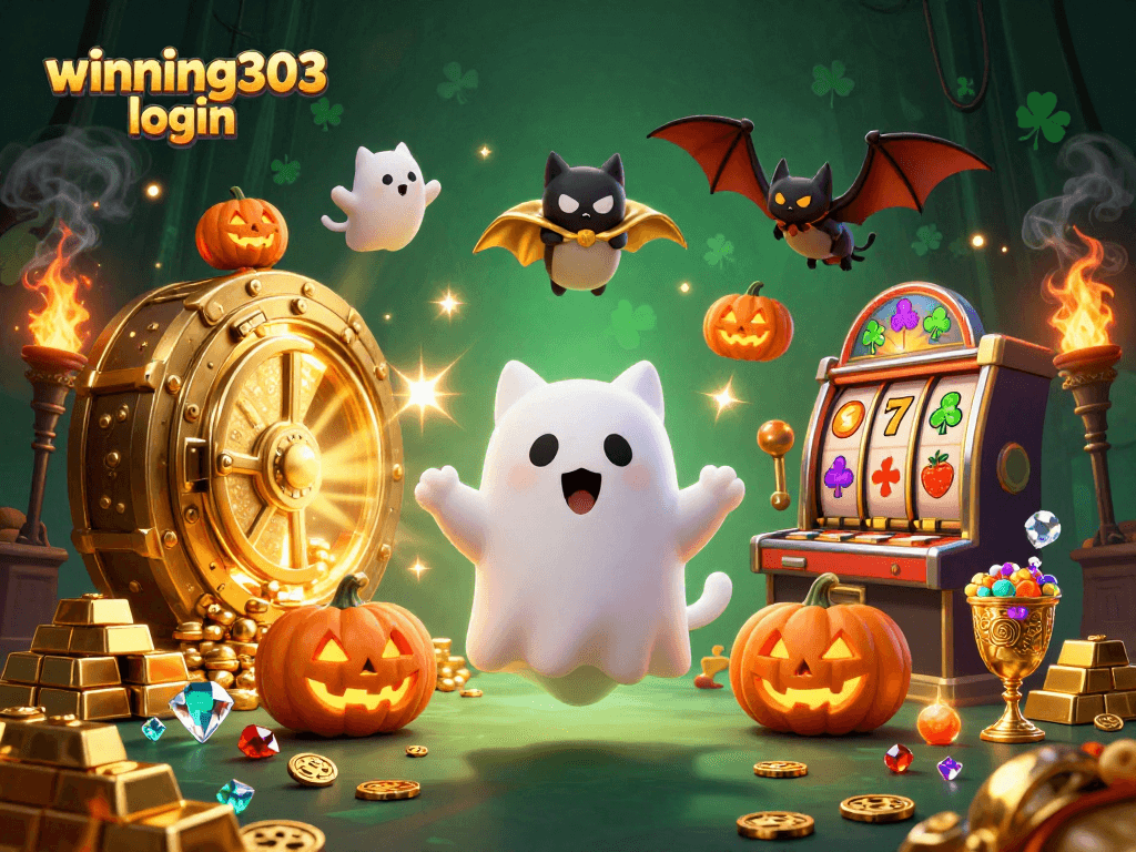 Experience winning303 login with a ghost cat and vampire bat in a haunted casino setting.
