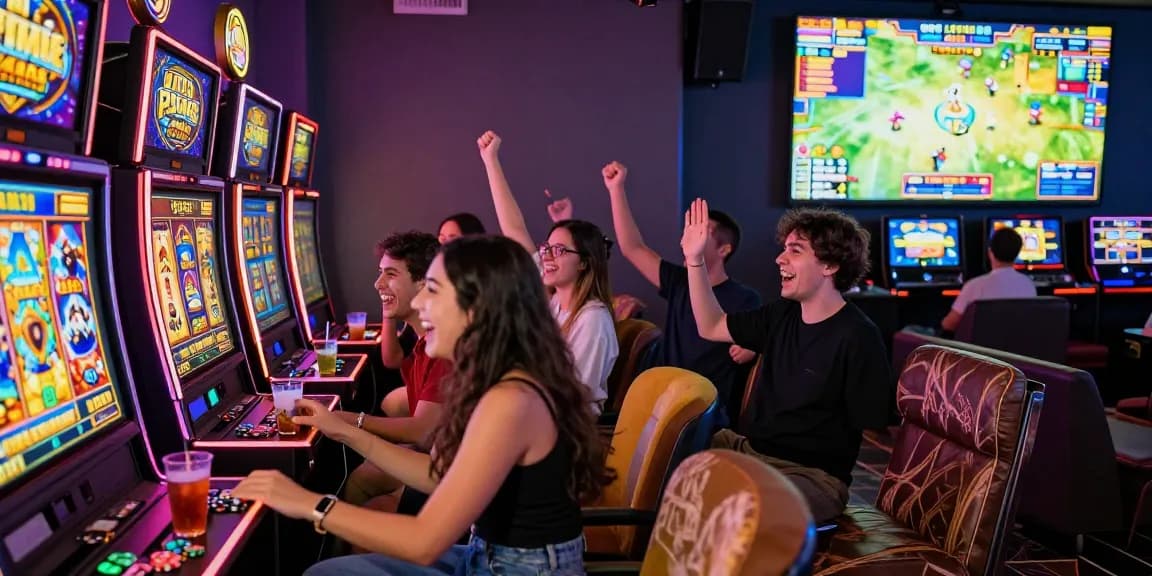 Exciting moment at a slot gacor gaming lounge with friends celebrating a win.