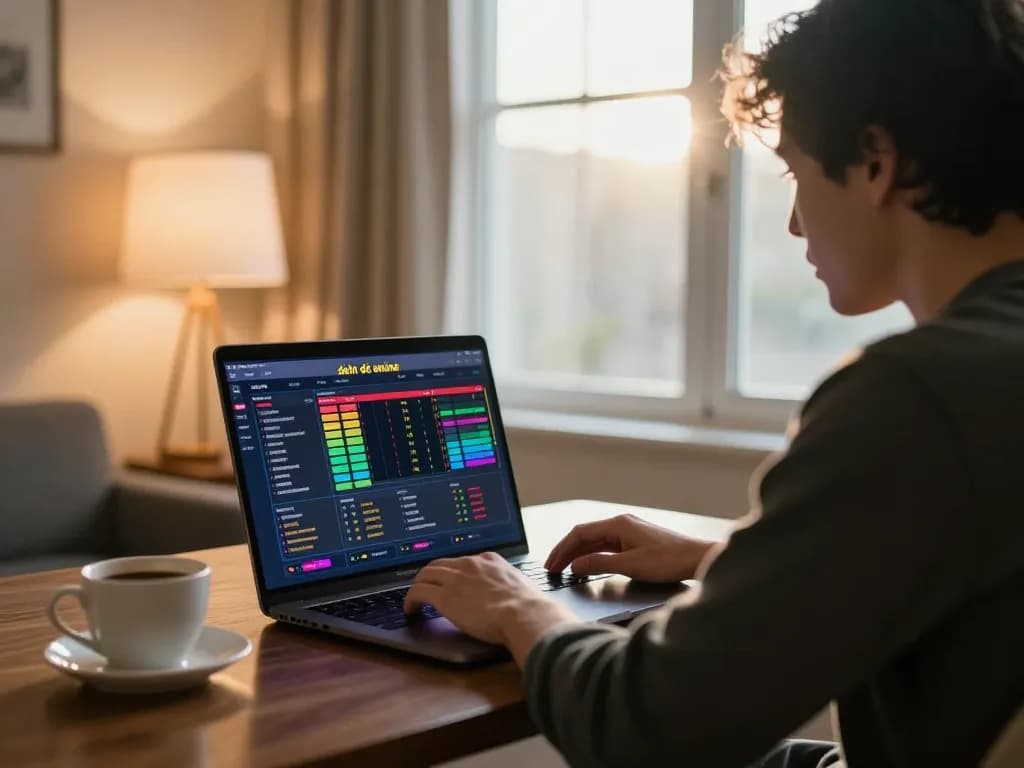 Engaging in đánh đề online with a laptop in a cozy home setting, analyzing betting strategies