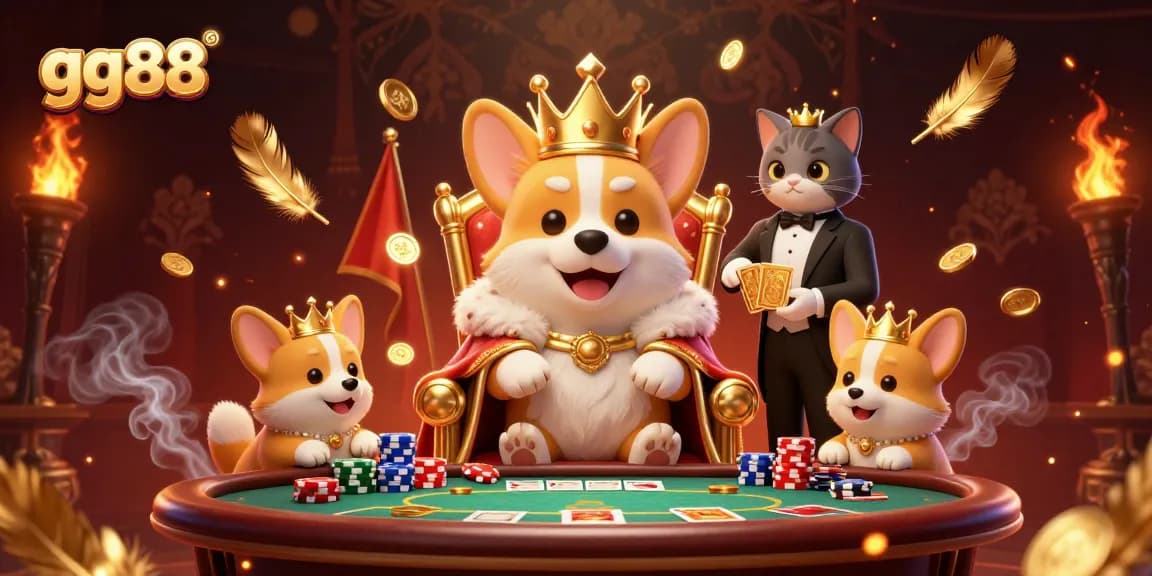 Experience adventure at gg88 with a royal corgi flaunting its crown amidst ornate gambling elements.
