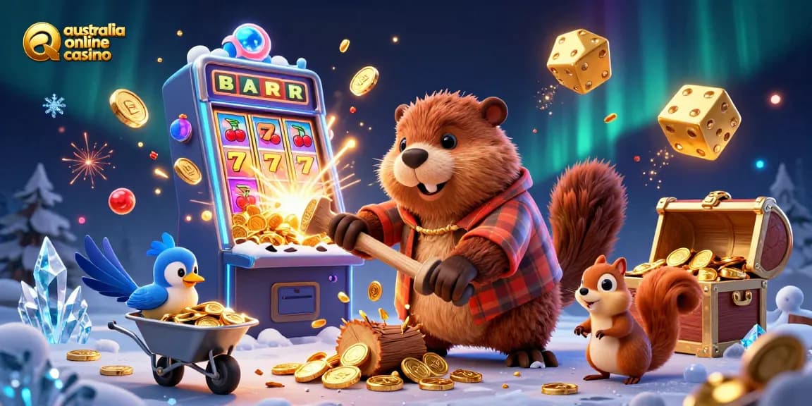 Experience the thrill of an australia online casino with a vibrant scene featuring cartoon characters amidst golden coins and slot machines.