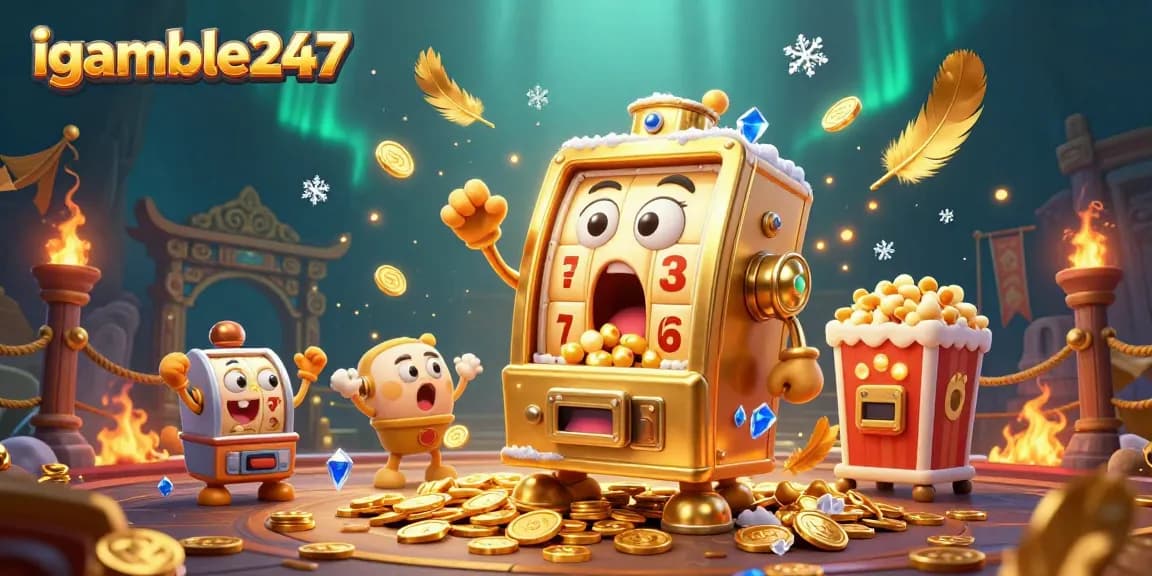 Menang besar di igamble247 dengan mesin slot emas yang beraksi dan koin berjatuhan.