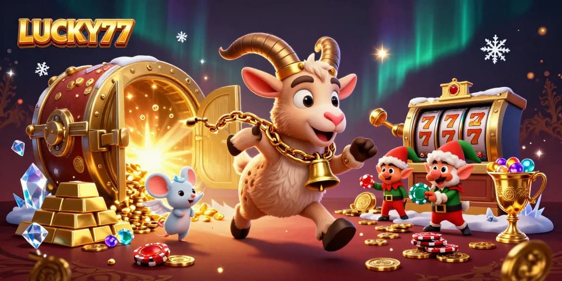 Experience the thrill at LUCKY77 with 3D characters and slot reels showcasing festive casino fun.