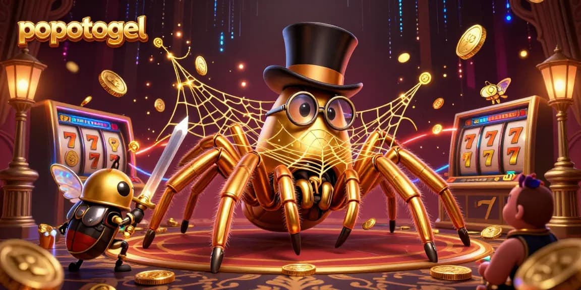 Play popotogel slots with a vibrant scene of characters and exciting gaming elements.
