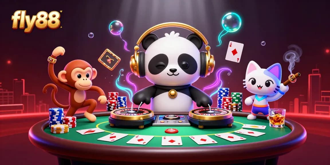 Experience thrilling gaming with fly88 featuring DJ panda and vibrant casino elements!