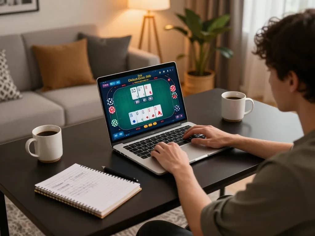 Engaging online gambling scene with a person analyzing strategies at Nhà Cái RR88.