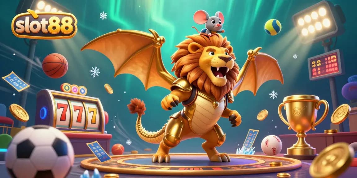 Experience the thrill of slot88 with a triumphant chimera and dynamic casino elements in this vibrant illustration.