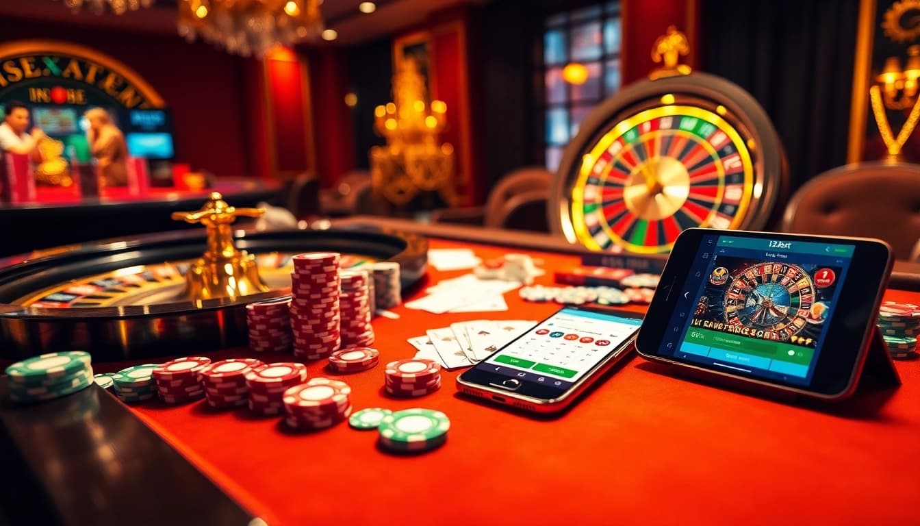 Play your favorite games with link 12bet on a vibrant casino table featuring poker chips and roulette wheel.
