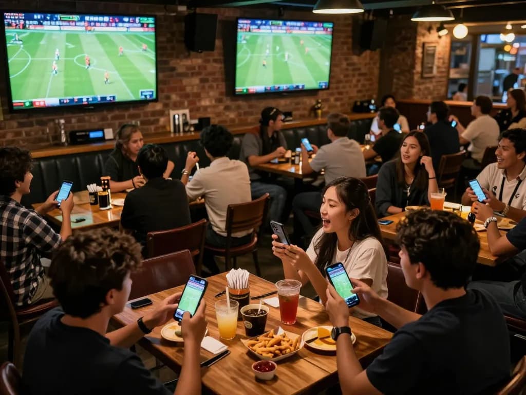 Fans engaging with keo nha cai during live sports betting experience in a dynamic sports bar setting.