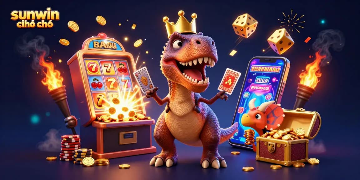 Experience the excitement of sunwin chính chủ as a playful T-Rex shuffles cards with dinosaur friends in a vibrant casino scene.