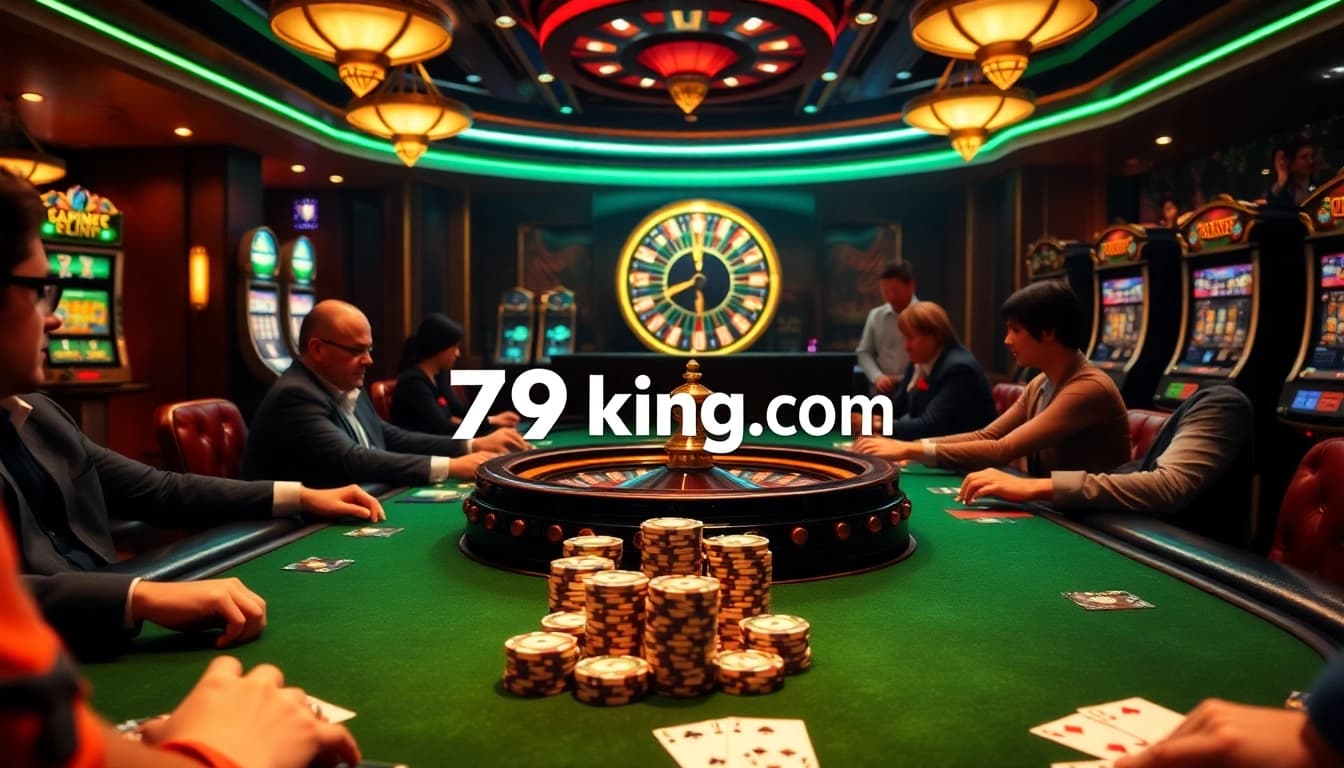 A lively poker game at 79king.com casino, showcasing players, chips, and a roulette wheel.