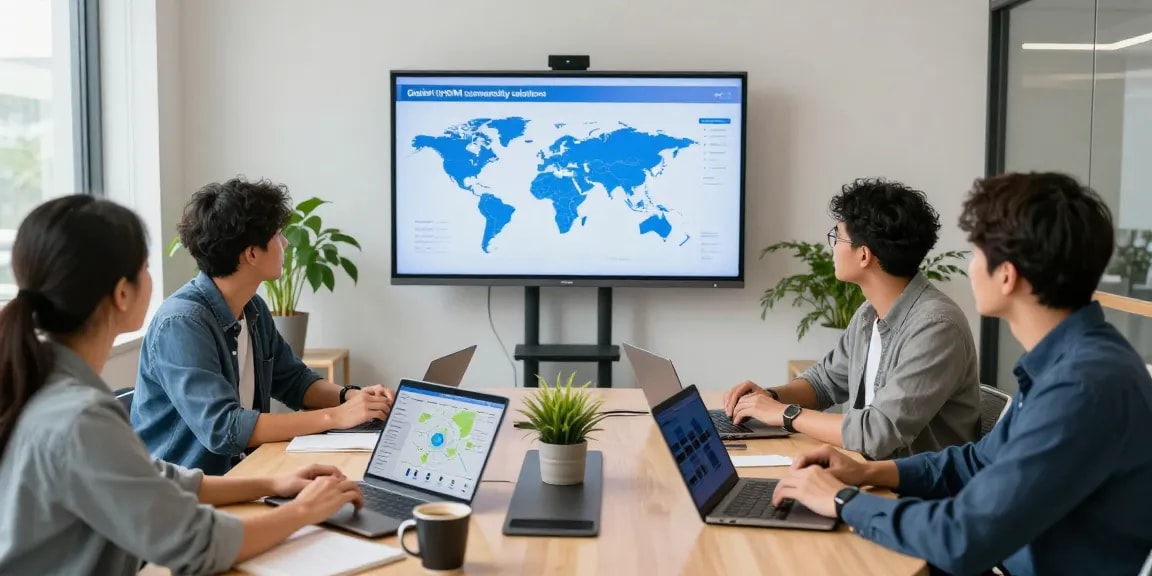 A equipe colaborando em soluções de conectividade eSIM Global em ambiente moderno com apresentações e tecnologia.