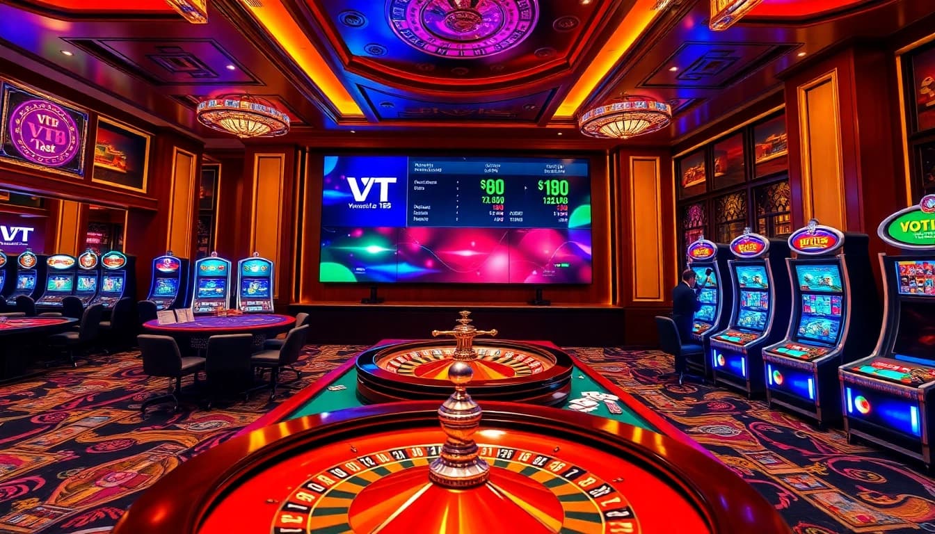 Exciting casino scene featuring VT 88 branding, poker tables, and roulette wheels.