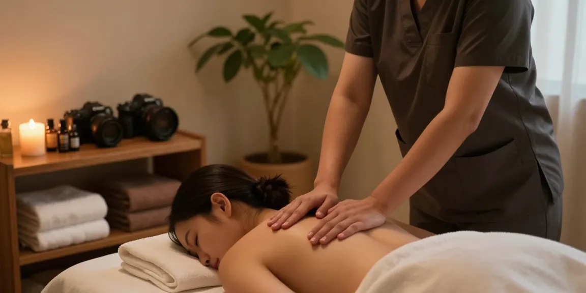 Relaxing 구로마사지 experience in a tranquil spa, therapist giving a soothing treatment amid calming ambiance.