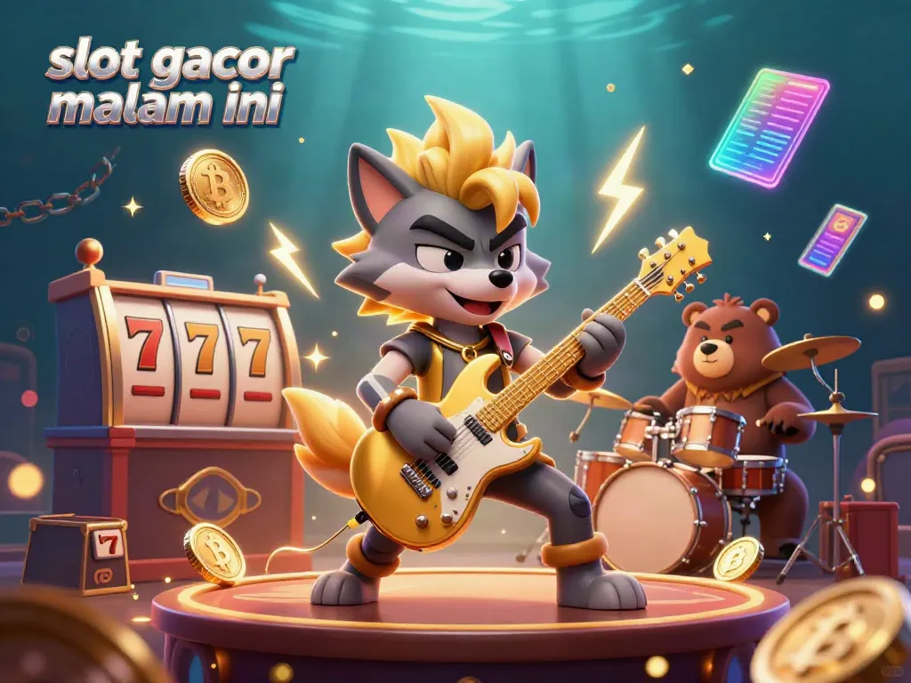 Ilustrasi menarik dengan tema slot gacor malam ini menampilkan karakter rock star dan drummer yang energik di panggung kasino.