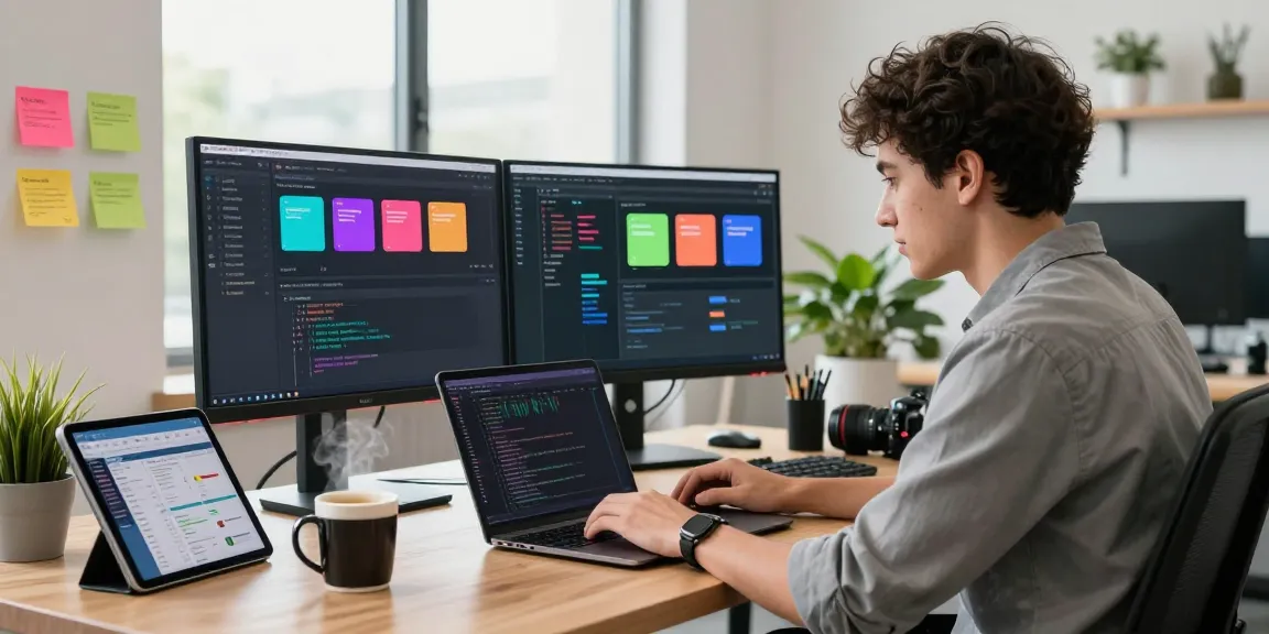 Engaging workspace for developing 纸飞机中文版 with dual monitors and creative design elements.