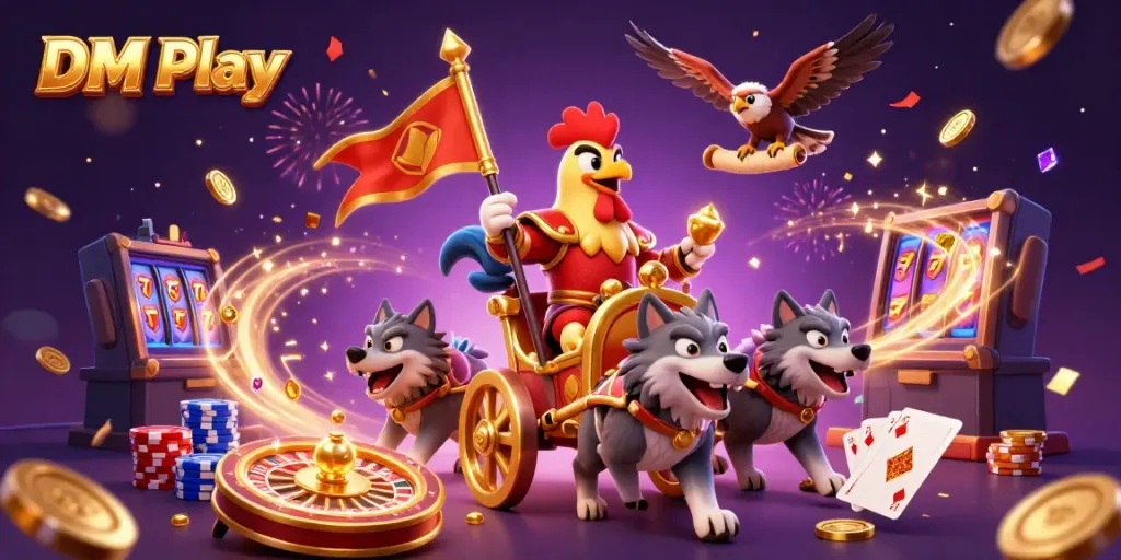 Experience the excitement of DM Play with a lively scene featuring a rooster warlord, golden coins, and a roulette wheel.