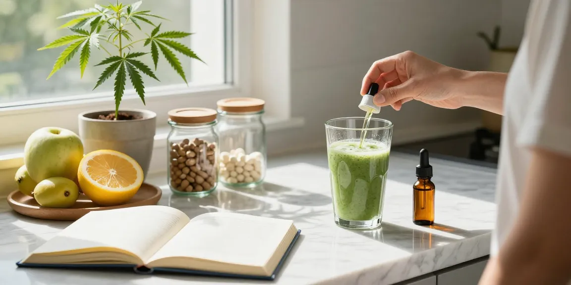 Cali UK wellness scene featuring CBD oil and natural ingredients for a healthy morning smoothie.