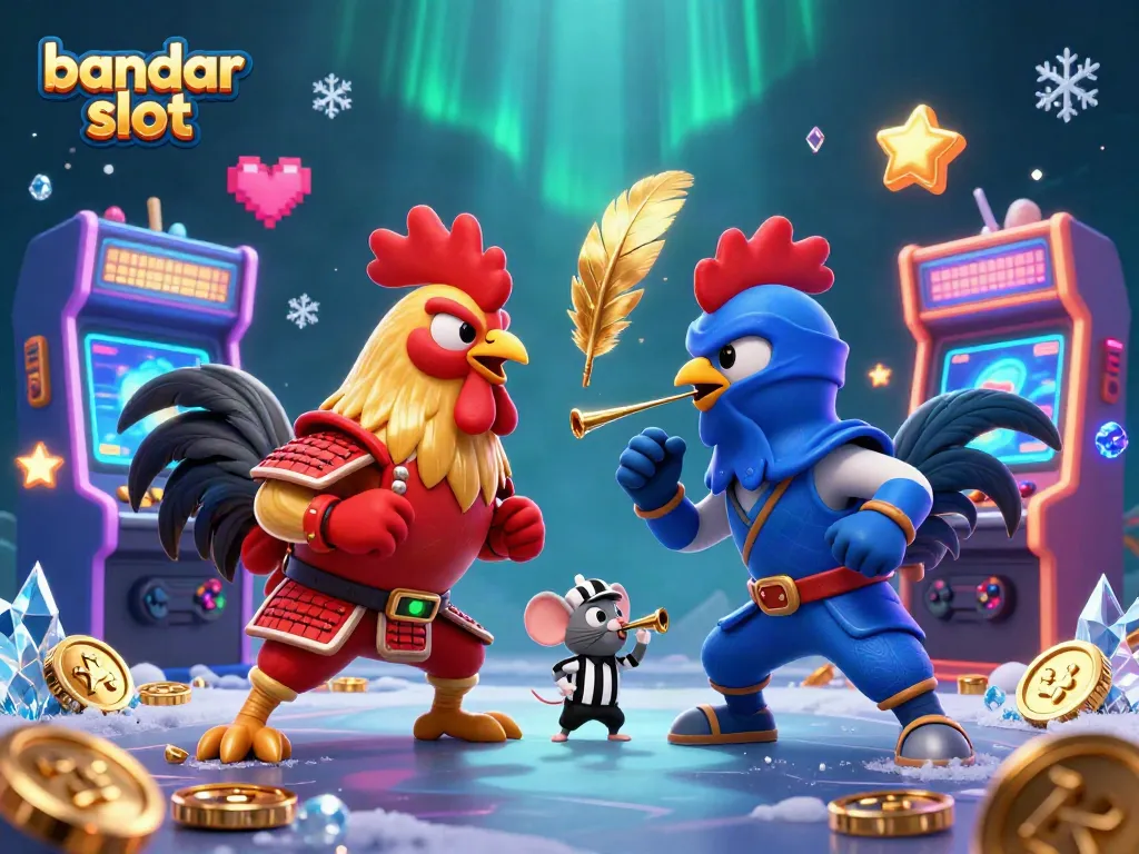 Experience the thrill of bandar slot with cartoon roosters in a vibrant casino battle.