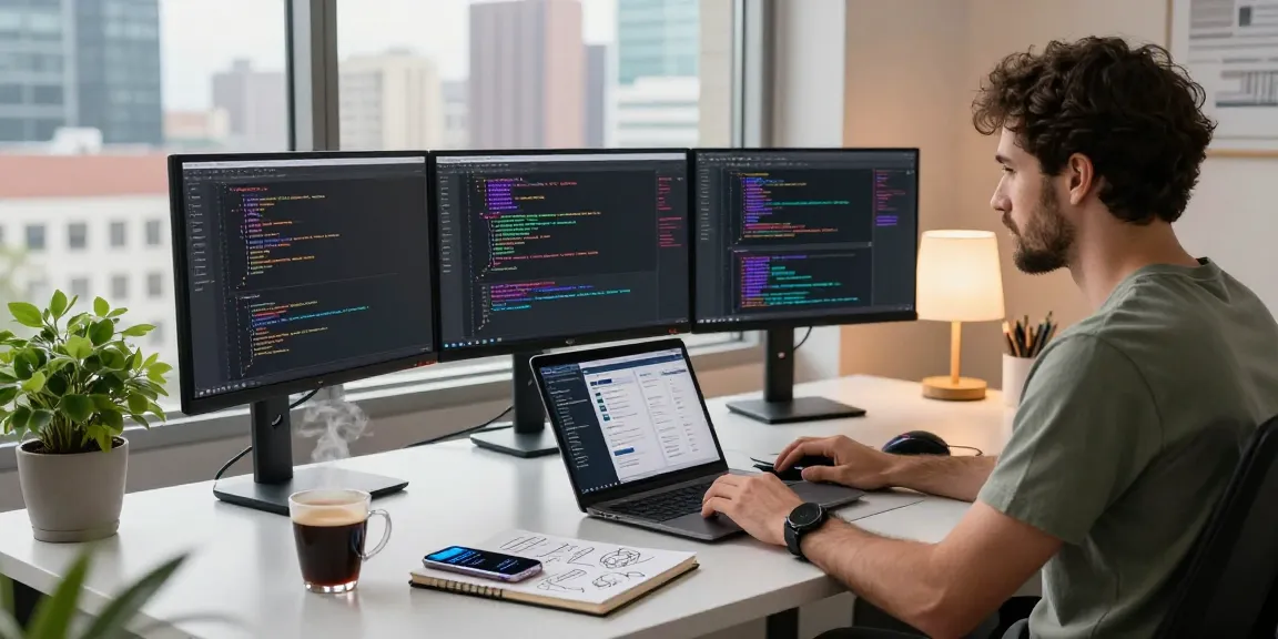 Developer focused on code at a modern desk, showcasing productivity with 纸飞机中文版 tools in a vibrant workspace.