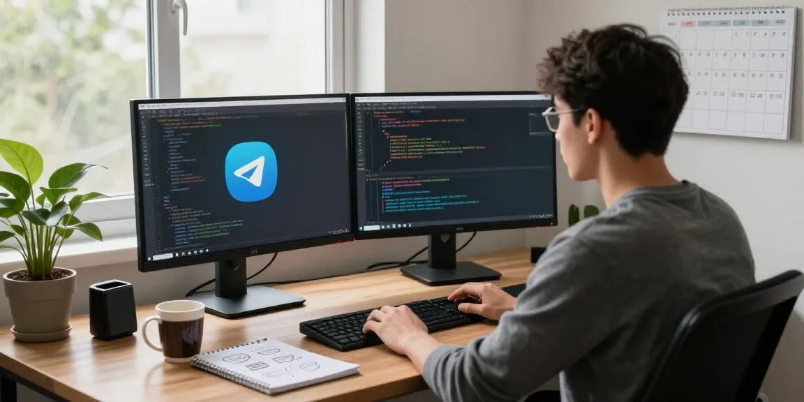 Engaged developer coding Telegram's 纸飞机中文版 in a modern workspace.