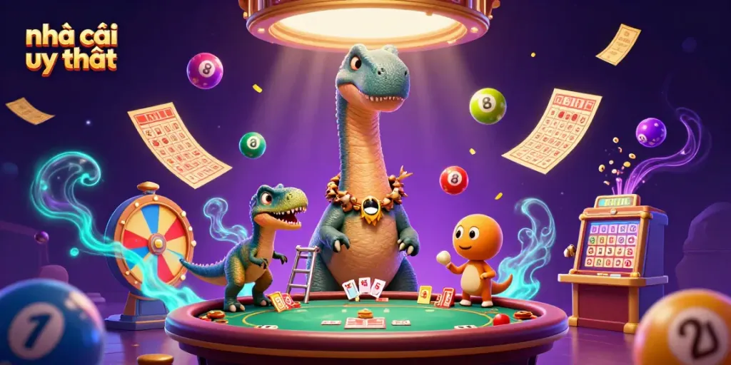 Experience the thrill of playing at nhà cái uy tín, illustrated with vibrant casino elements and characters.