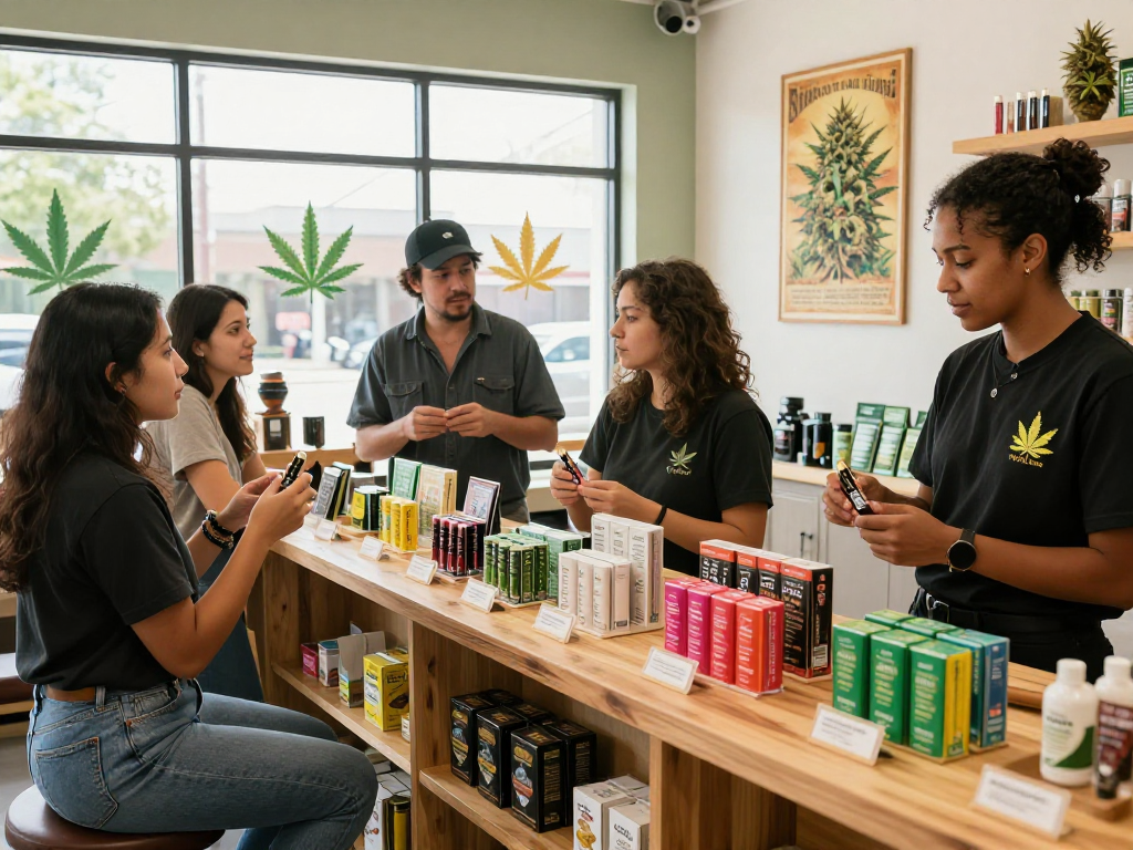 Customers exploring Cake carts in a vibrant cannabis dispensary with colorful products and friendly service.