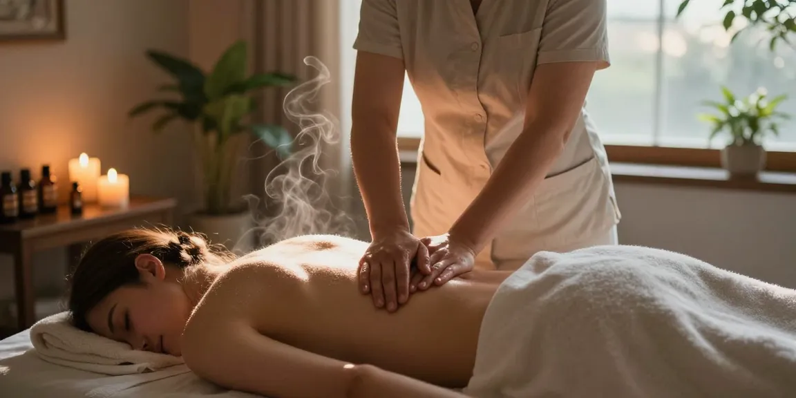 Relaxing Swedish massage scene with warm candles, essential oils, and soothing atmosphere.