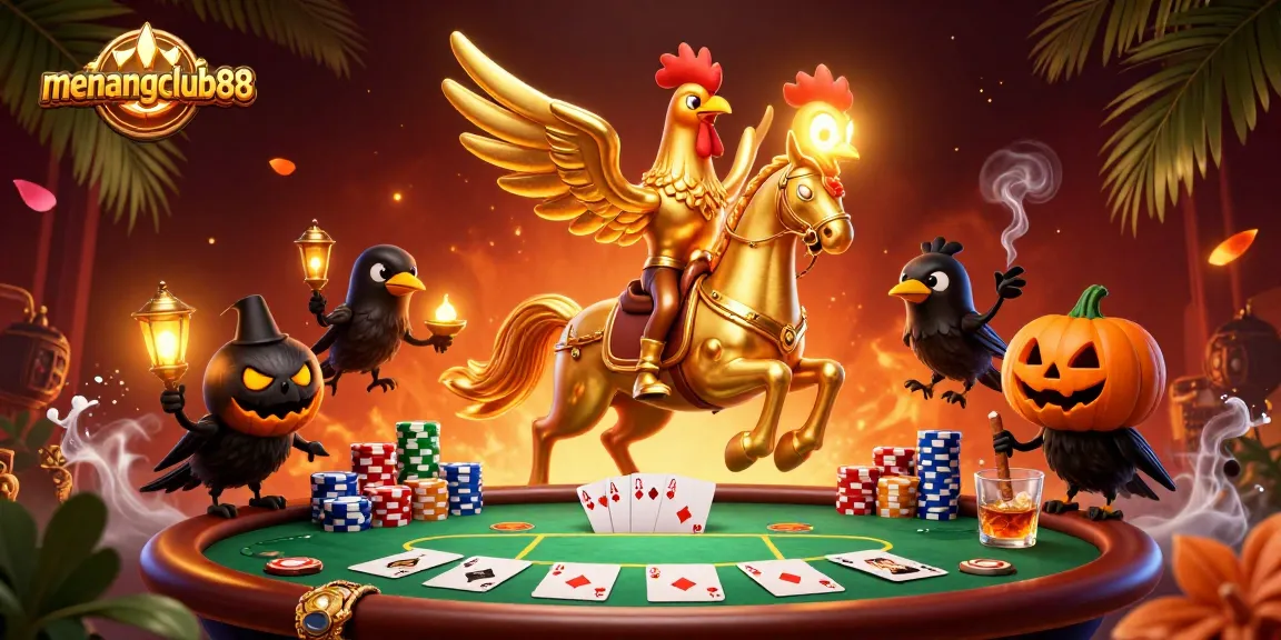 Experience the excitement at menangclub88 with a golden rooster riding through a vibrant casino scene