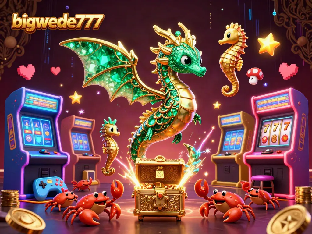 Engage with bigwede777 in this vibrant 3D gaming scene filled with slot reels and treasure elements.