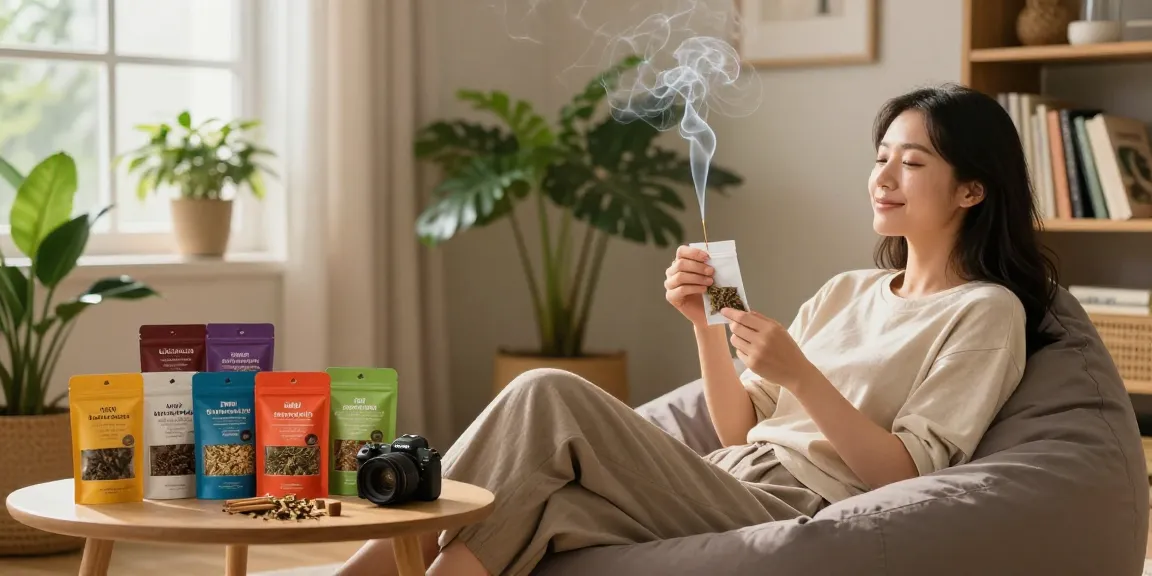 Explore a cozy setting to buy legal highs herbal incense, featuring packages and a relaxed individual enjoying aromatic smoke.