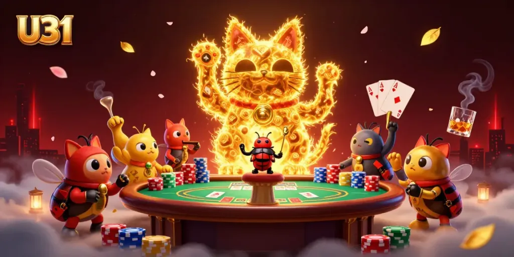 Experience U31: A vibrant 3D illustration of a lucky cat and casino elements, symbolizing excitement and winning.