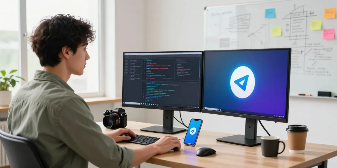Image depicting a tech workspace with a professional coding Telegram中文版下载 on dual monitors in a bright environment.
