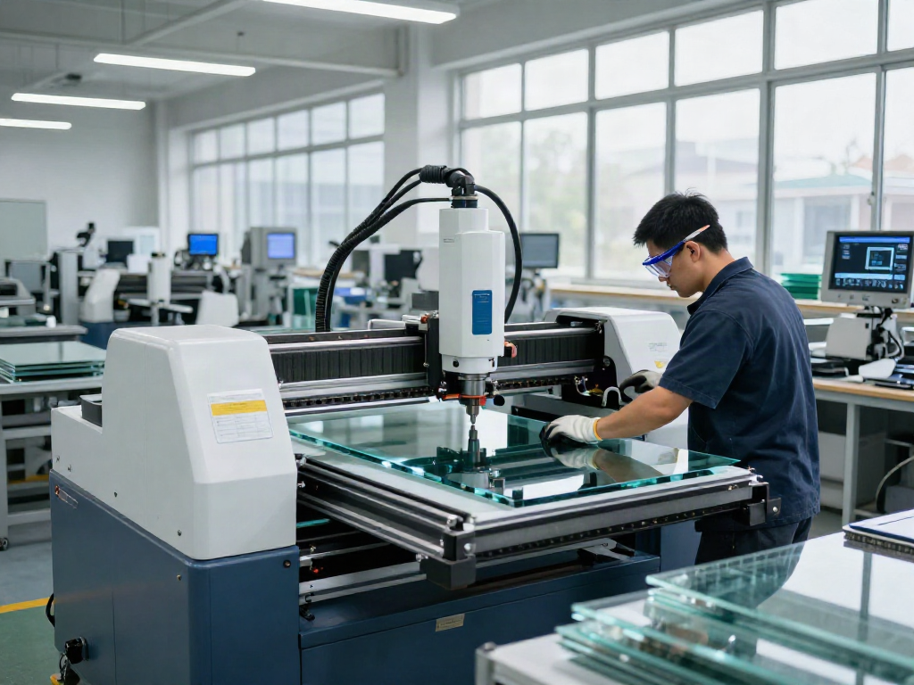 Eworld Machine technician operating advanced glass cutting machine in a bright industrial setting.