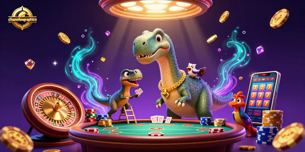 Chameleongraphics showcases a vibrant casino scene with a dinosaur dealer and sparkling slot symbols.