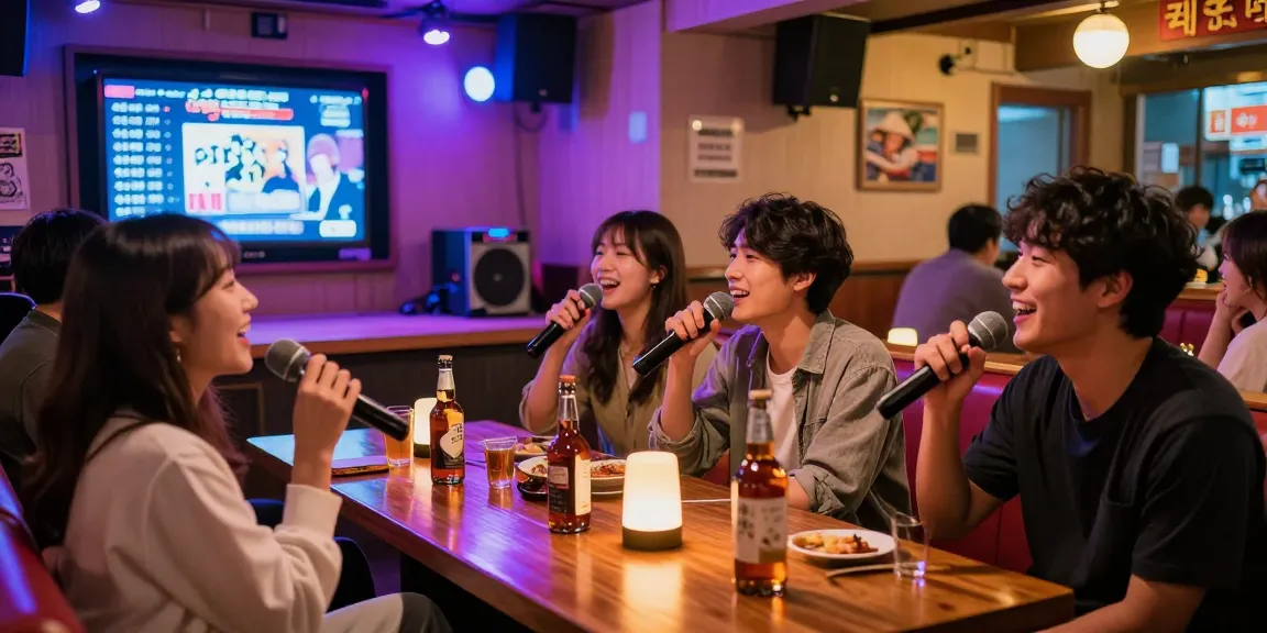 Friends enjoying 제주유흥 at a karaoke bar in Jeju, surrounded by whiskey bottles and vibrant nightlife.