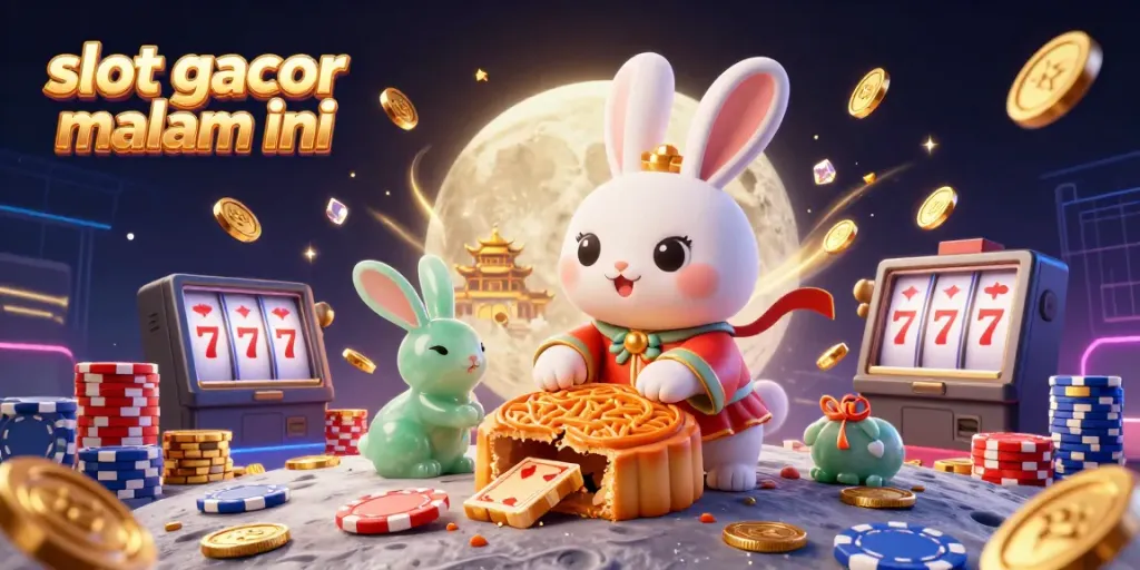 Ilustrasi slot gacor malam ini dengan kelinci bulan dan simbol poker, penuh dengan detail 3D