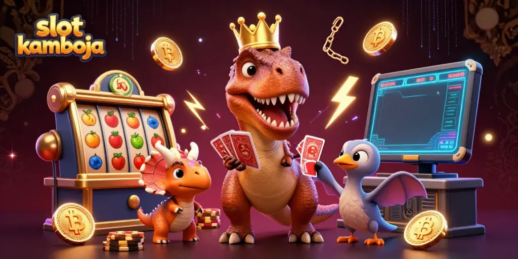 Experience slot kamboja with a T-Rex shuffling cards alongside vibrant fruits and jackpot displays.