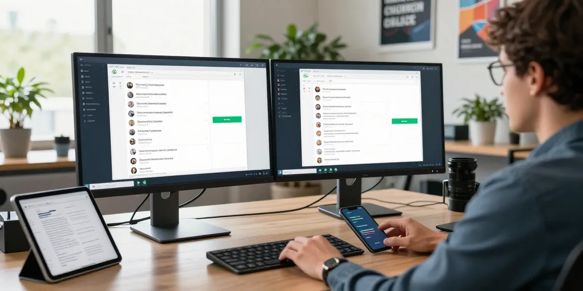 Professional using WhatsApp電腦版 on a modern desktop, showcasing productivity tools and a bright office.