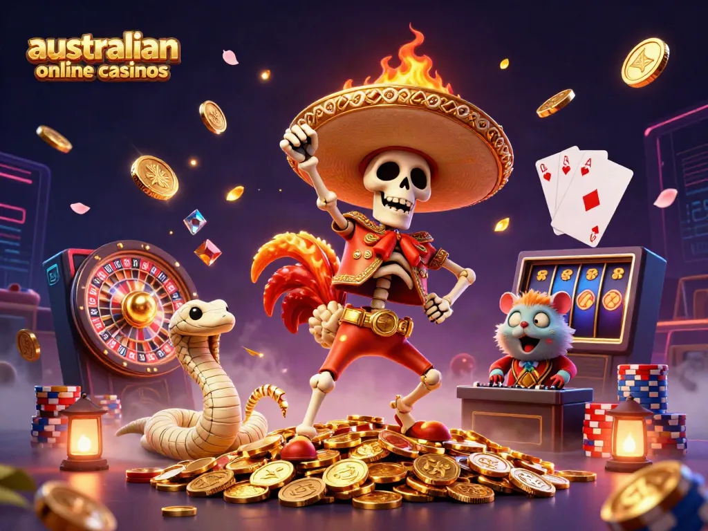 Celebrate winning moments at australian online casinos with a vibrant 3D illustration of colorful characters and casino elements.