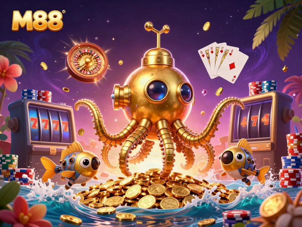 Engaging M88 casino scene with a golden kraken submarine and dynamic gaming elements.