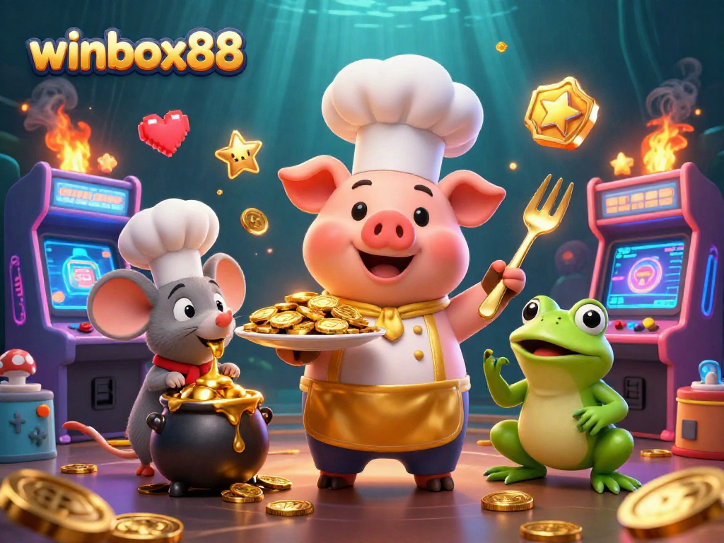 Experience the thrill of winbox88 with our cartoon chef pig and colorful casino elements.
