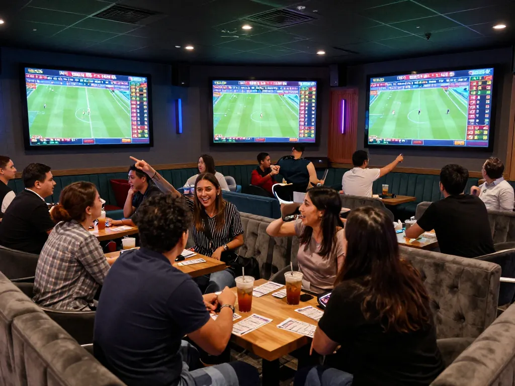 Betting excitement at a lively sports lounge showcasing keonhacai odds on large screens.