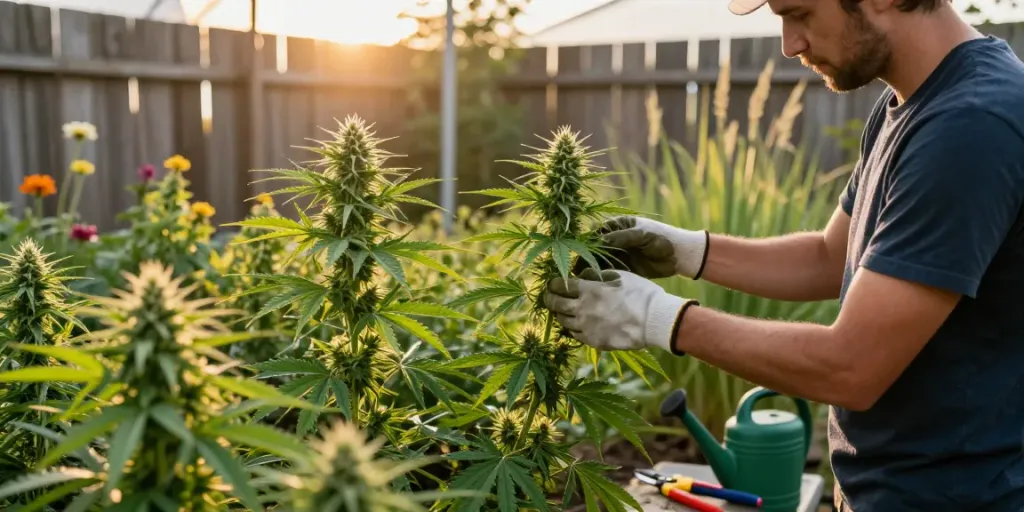 High CBD cannabis seeds cultivation scene with grower inspecting lush plants.